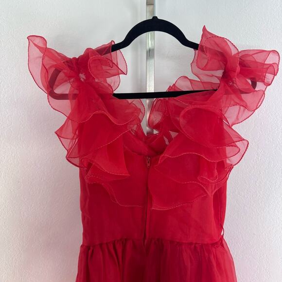 Vintage 80s Red Puffy Ruffle Dress Organza USA Union Made Small - Picture 11 of 14